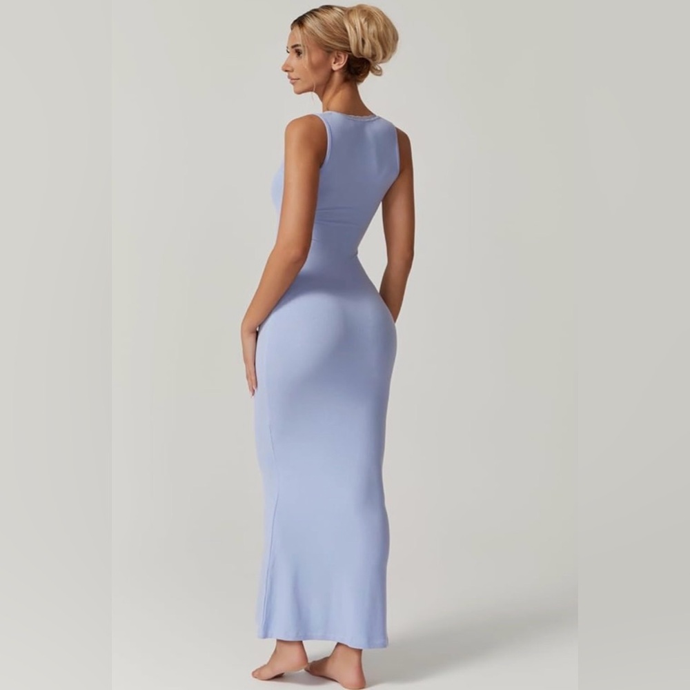 QINSEN Square Neck Lace Detail Long Maxi Dress Sleeveless Lounge Ribbed  Dress